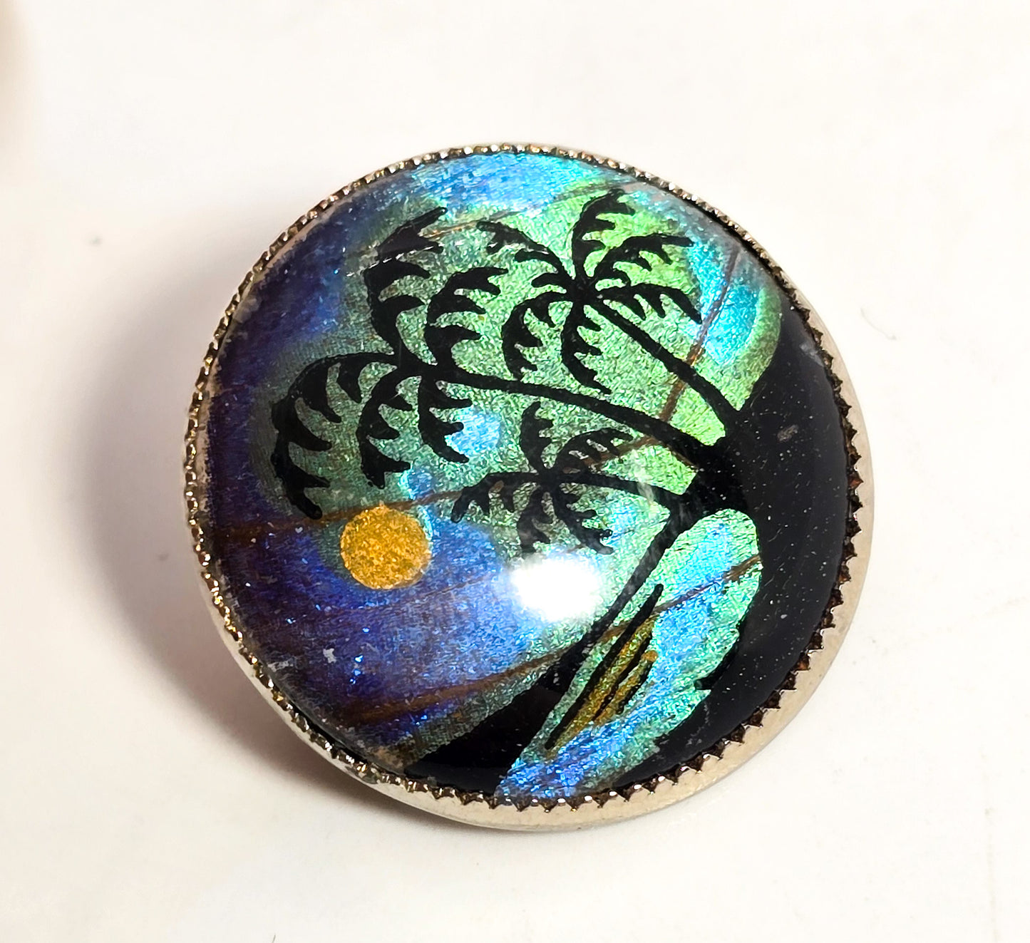 Butterfly wing palm tree beach hand painted vintage silver toned brooch