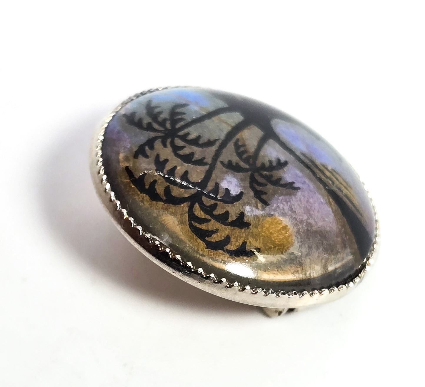 Butterfly wing palm tree beach hand painted vintage silver toned brooch