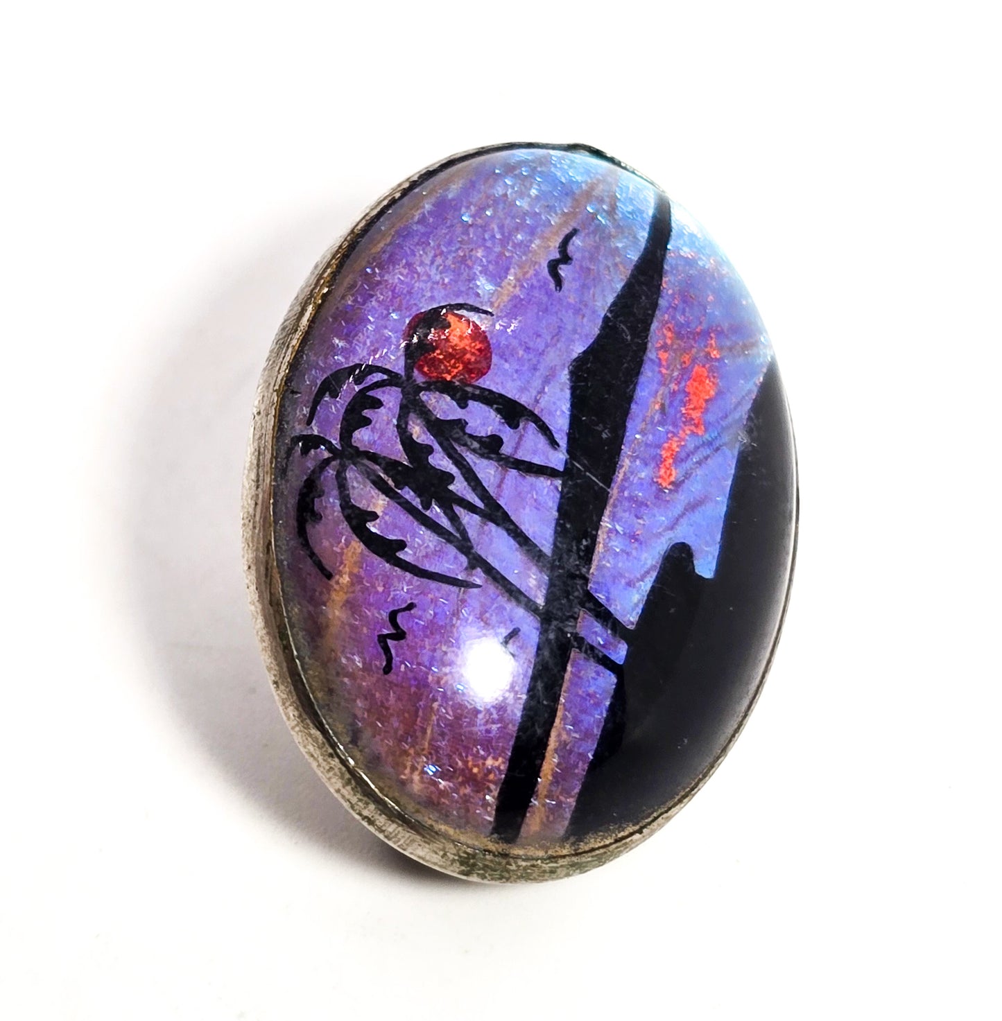 Butterfly wing palm tree beach hand painted vintage silver toned oval brooch