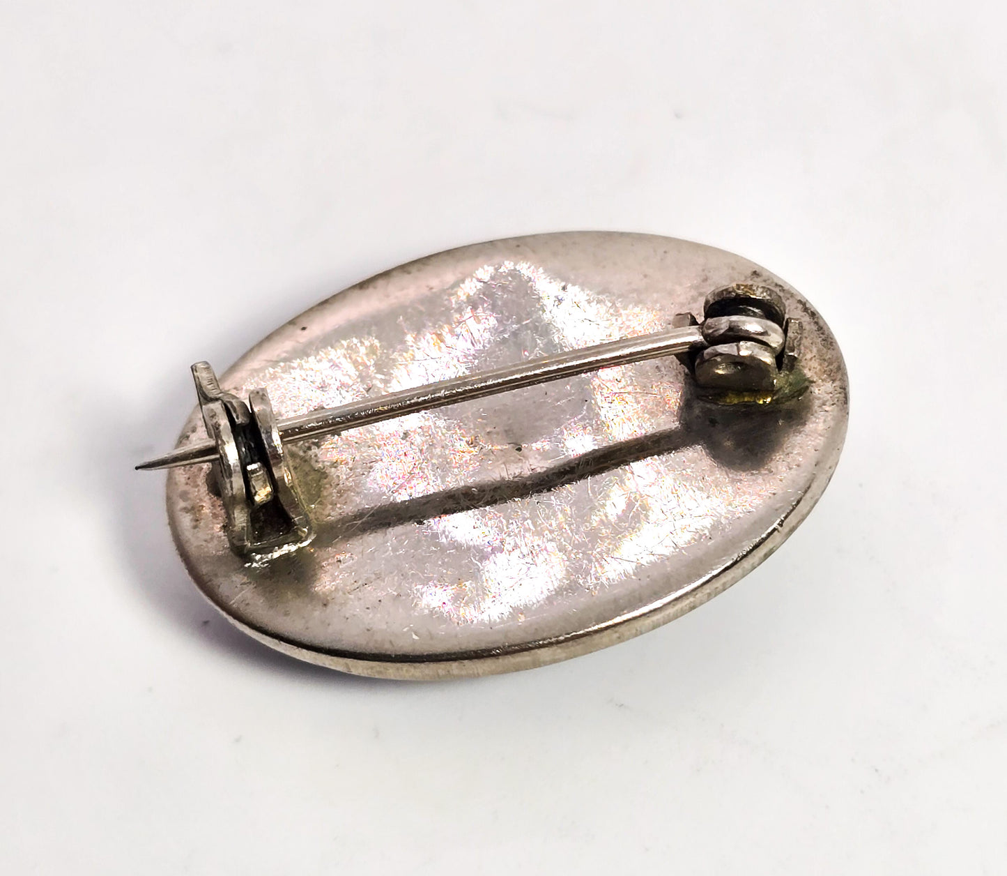 Butterfly wing palm tree beach hand painted vintage silver toned oval brooch