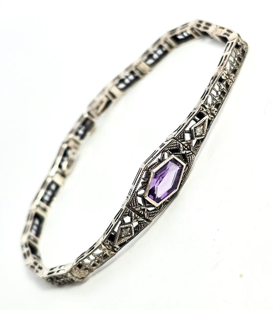 Art Deco style filigree Coffin Amethyst Diamond Vintage brand sterling silver bracelet