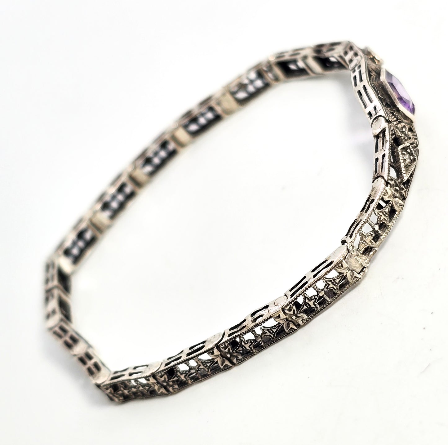 Art Deco style filigree Coffin Amethyst Diamond Vintage brand sterling silver bracelet