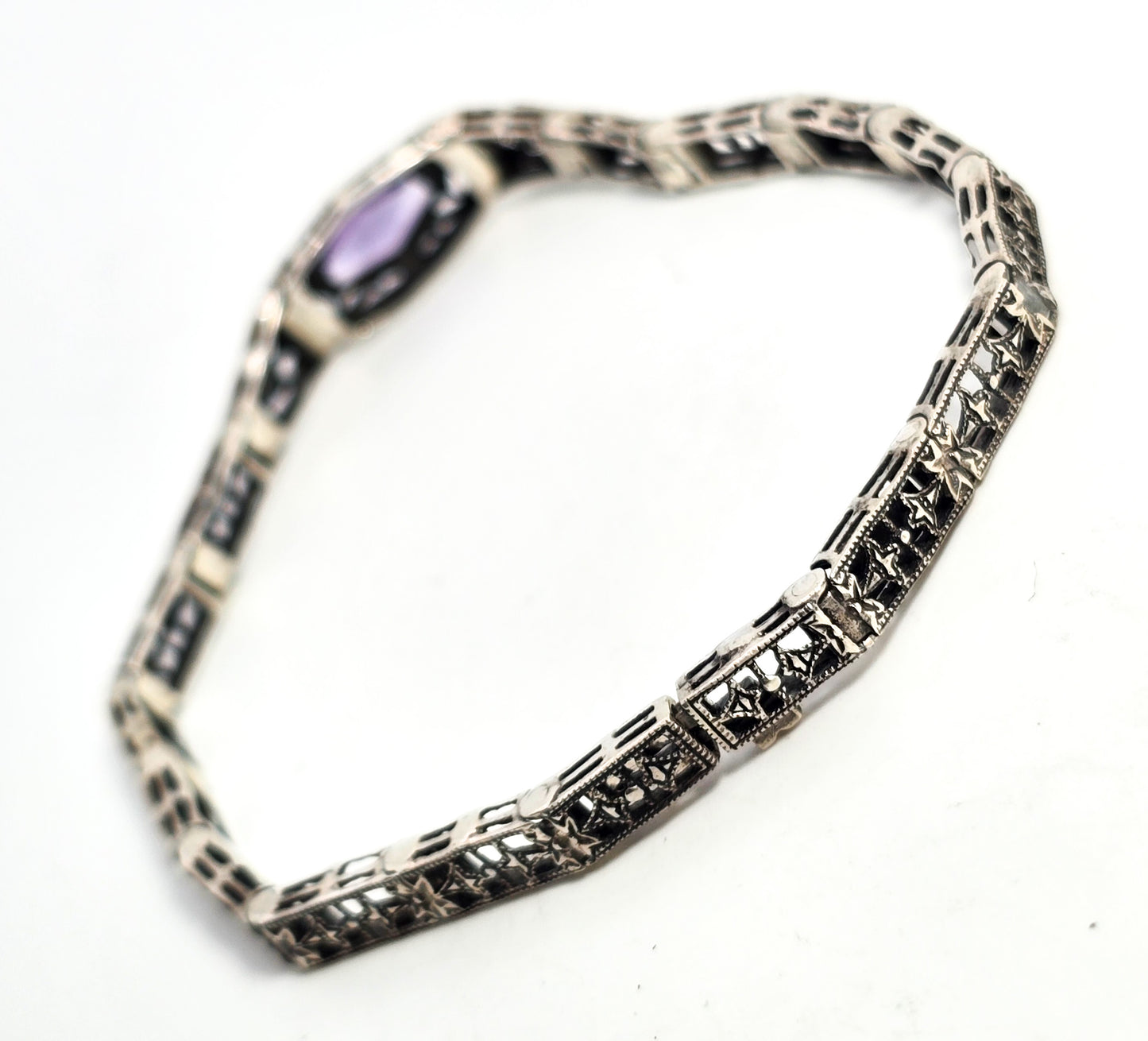 Art Deco style filigree Coffin Amethyst Diamond Vintage brand sterling silver bracelet
