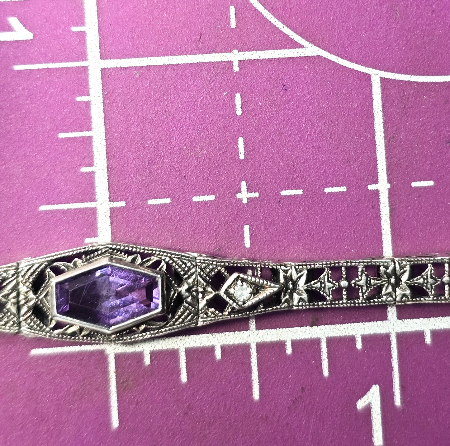 Art Deco style filigree Coffin Amethyst Diamond Vintage brand sterling silver bracelet
