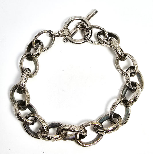 Vintage Art Deco style Embossed large link silver toned toggle clasp bracelet
