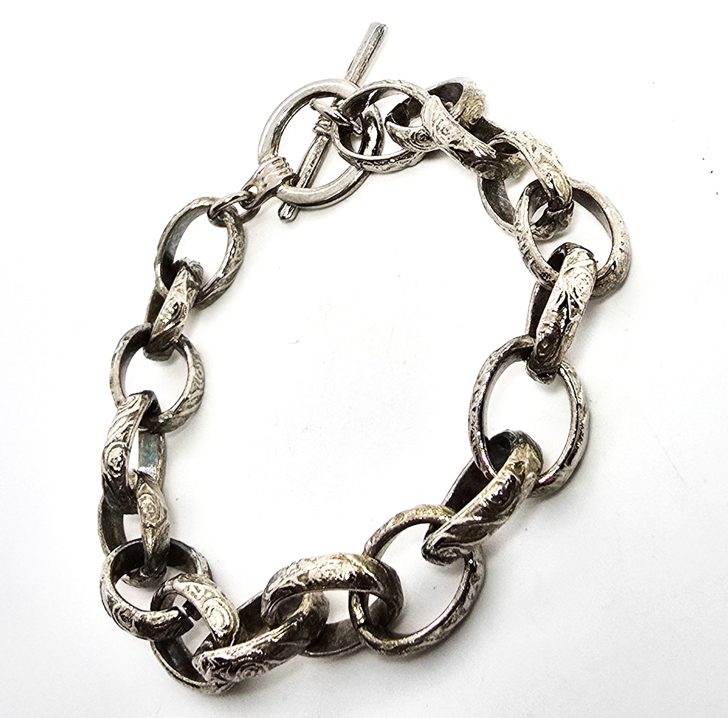 Vintage Art Deco style Embossed large link silver toned toggle clasp bracelet