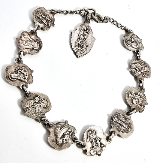 Art Deco Catholic Miraculous Medal silver plated Rose Religious Rosary Bracelet