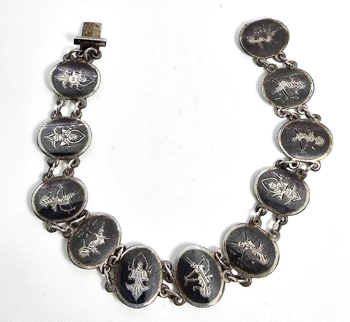 Siam Black Nielloware enamel oval goddess vintage sterling silver bracelet