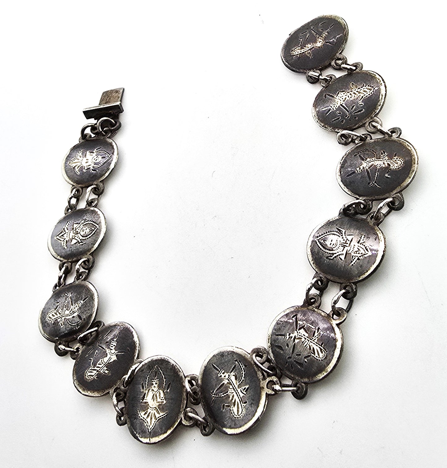 Siam Black Nielloware enamel oval goddess vintage sterling silver bracelet