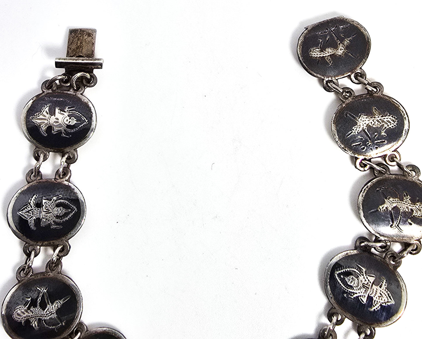Siam Black Nielloware enamel oval goddess vintage sterling silver bracelet