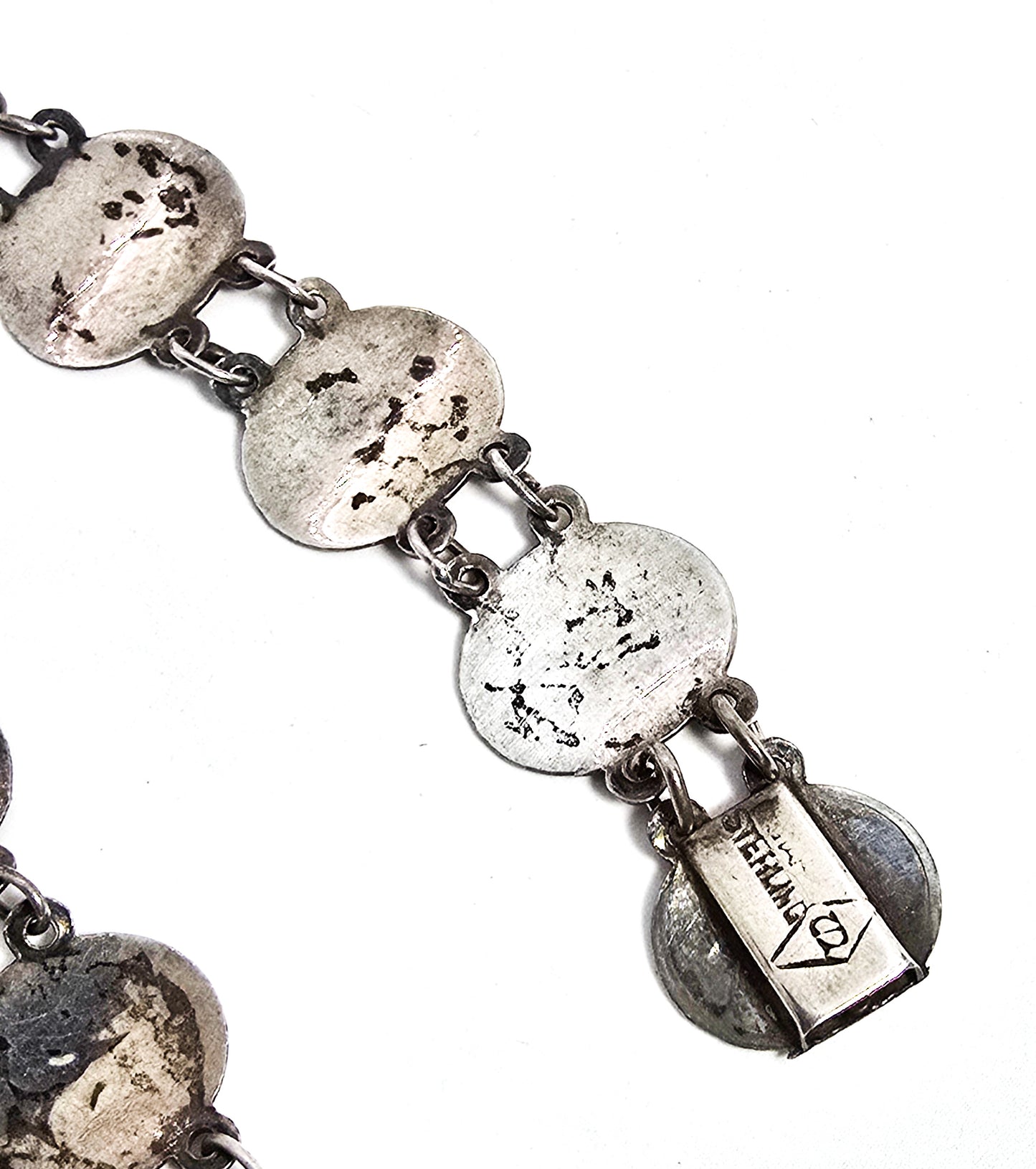 Siam Black Nielloware enamel oval goddess vintage sterling silver bracelet