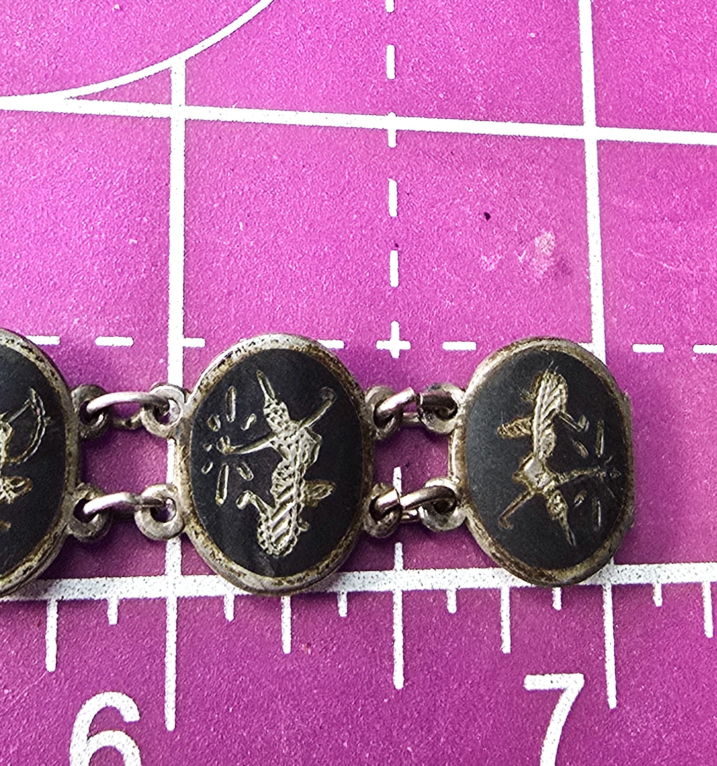 Siam Black Nielloware enamel oval goddess vintage sterling silver bracelet