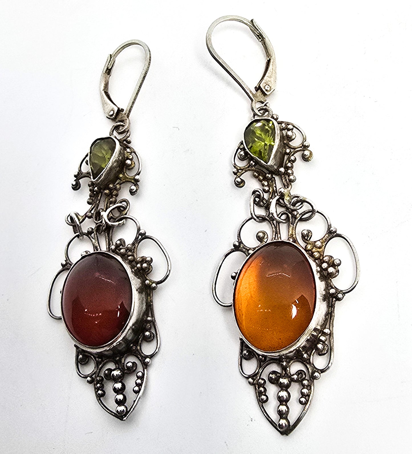 Green peridot and amber filigree sterling silver lever back long drop earrings