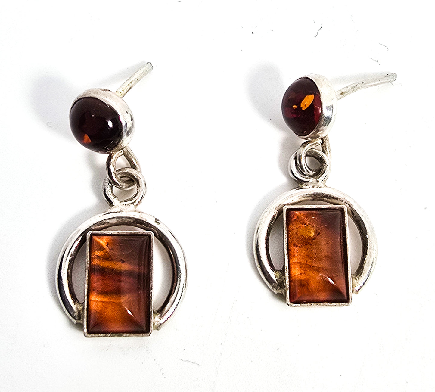Modernist abstract cognac Baltic Amber drop vintage sterling silver post earrings