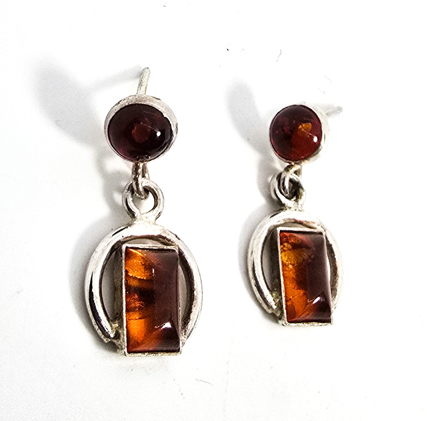 Modernist abstract cognac Baltic Amber drop vintage sterling silver post earrings