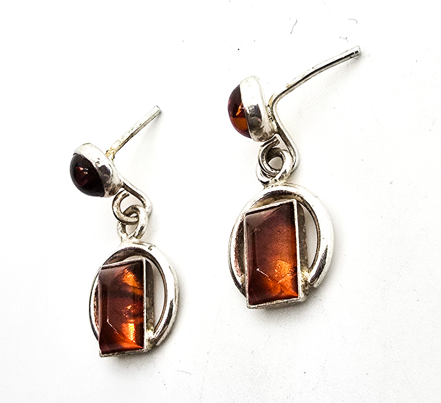 Modernist abstract cognac Baltic Amber drop vintage sterling silver post earrings