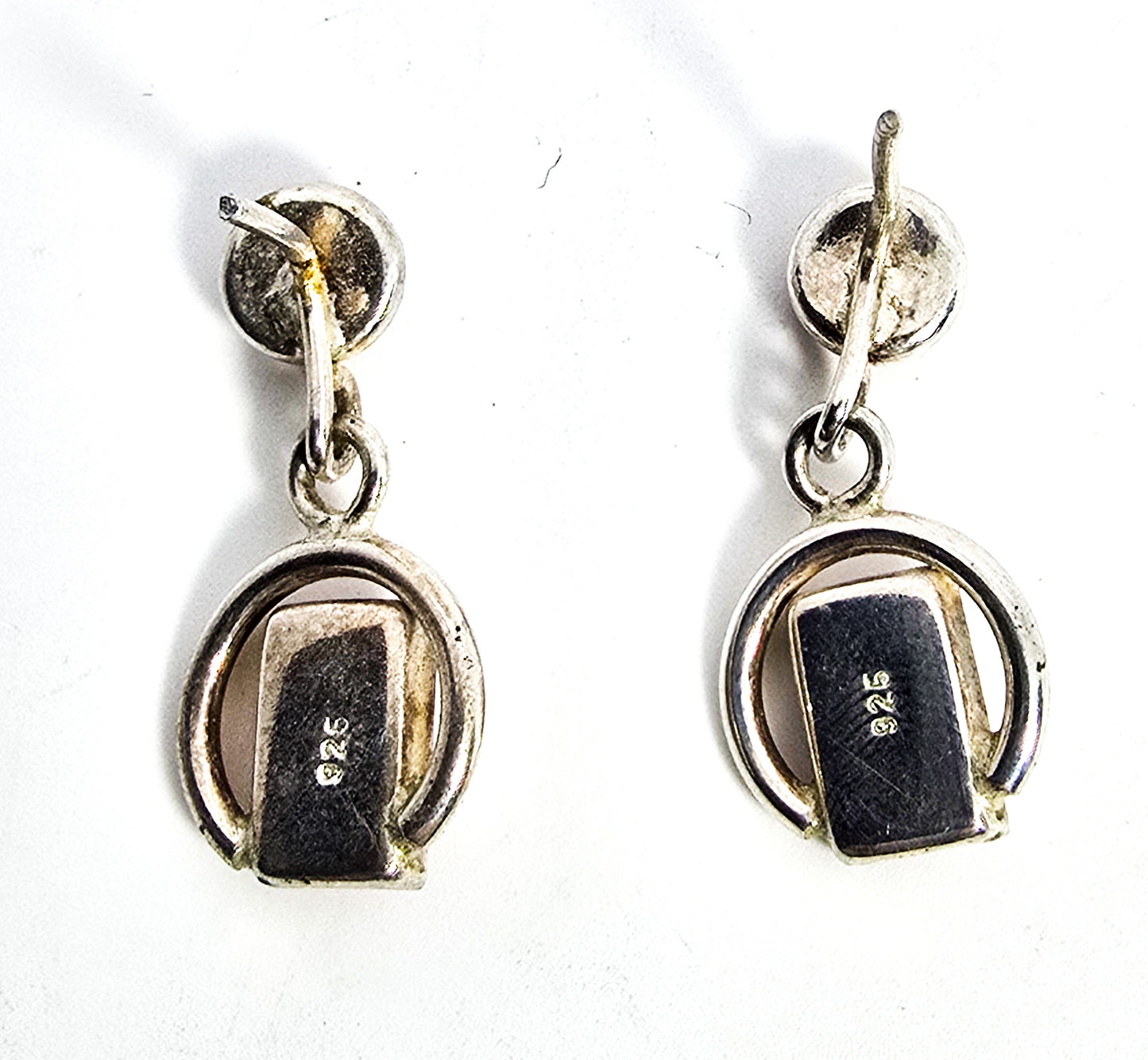 Modernist abstract cognac Baltic Amber drop vintage sterling silver post earrings