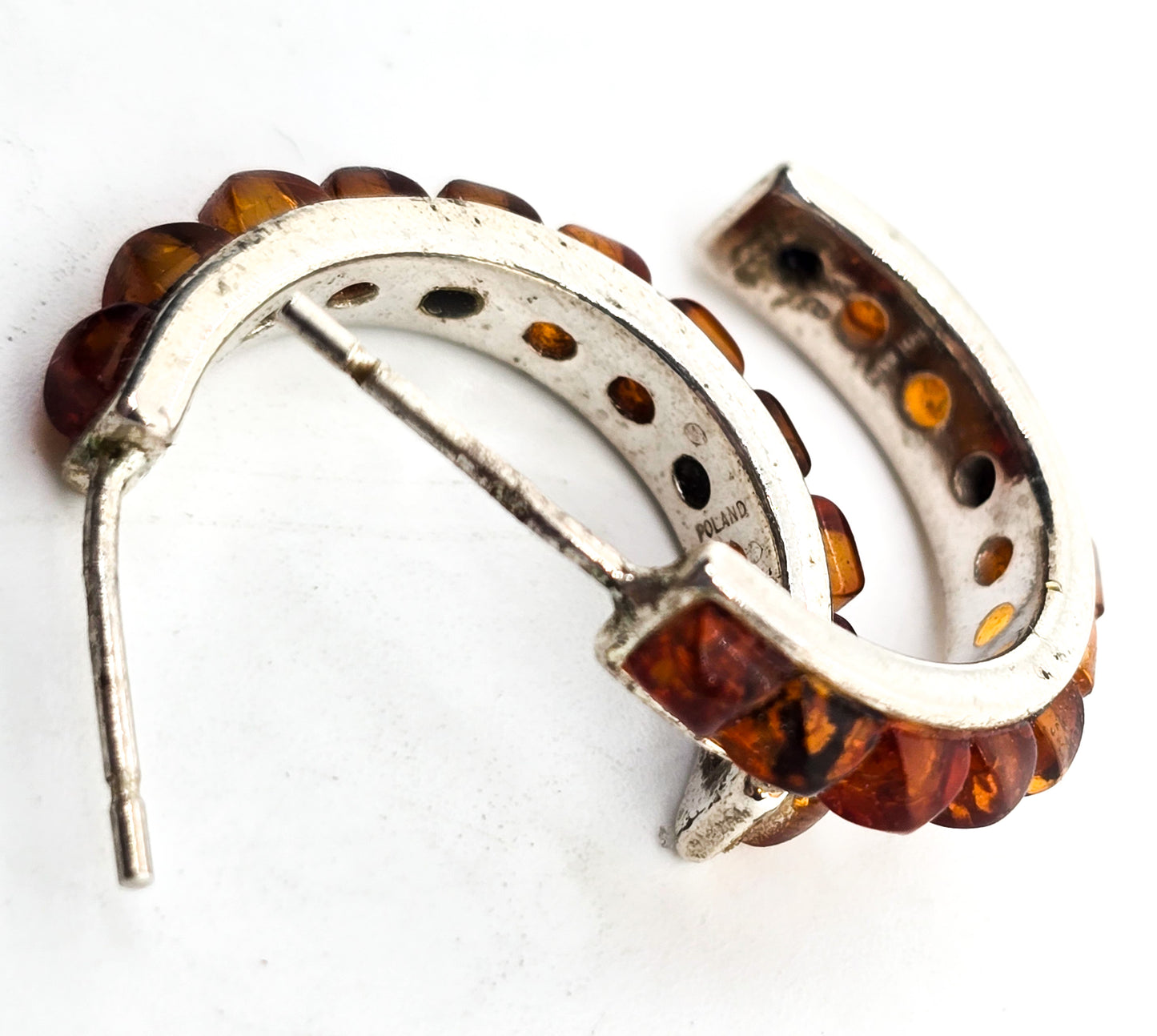 Polish Baltic amber dot sterling silver hoop V8 Poland amber post earrings