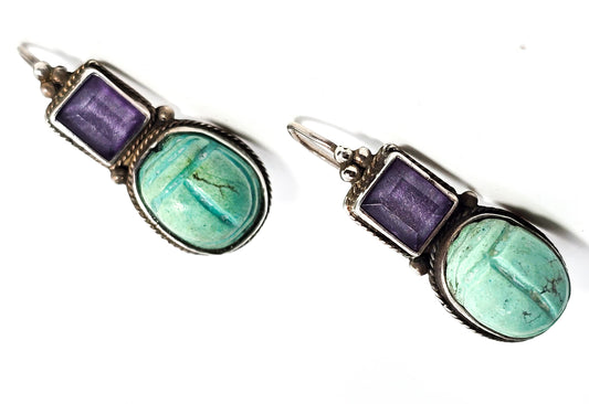Scarab Egyptian Revival vintage sterling silver amethyst gemstone earrings