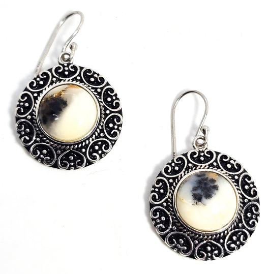 BBJ Dendritic agate round disc sterling silver tribal Bali style drop earrings