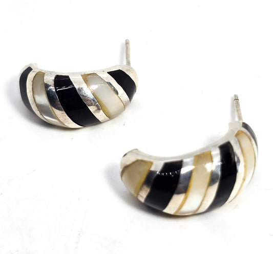 Black onyx MOP Thick sterling silver half hoop vintage retro post earrings