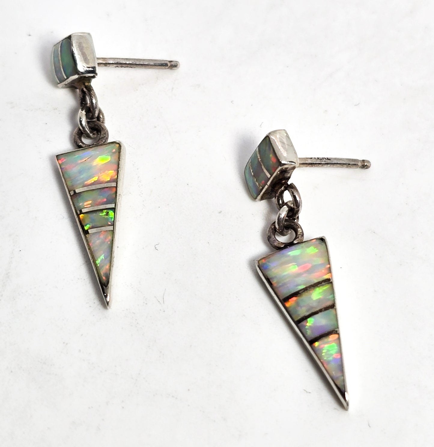 White Fire opal sterling silver inlay vintage Native American Zuni drop earrings