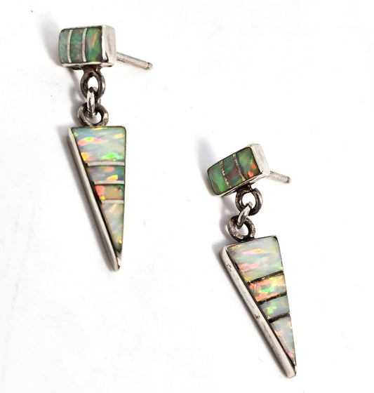 White Fire opal sterling silver inlay vintage Native American Zuni drop earrings