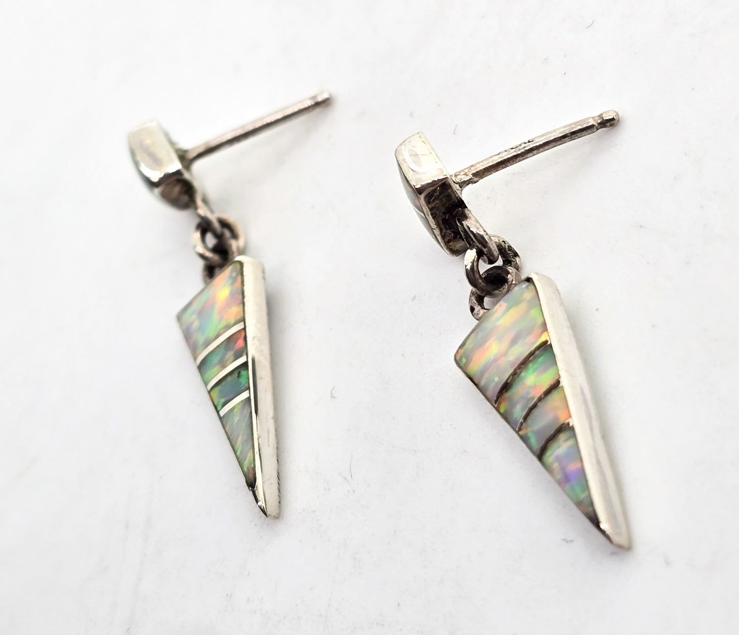 White Fire opal sterling silver inlay vintage Native American Zuni drop earrings
