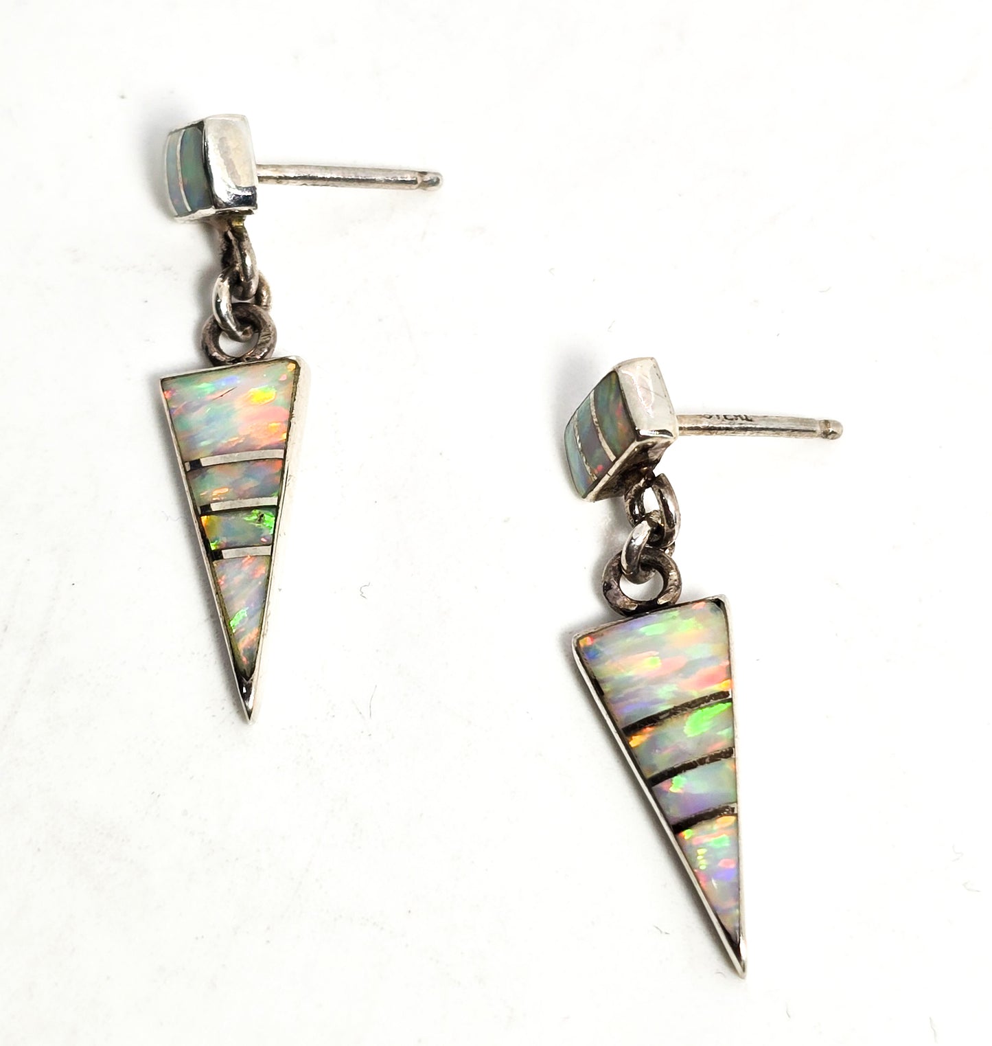 White Fire opal sterling silver inlay vintage Native American Zuni drop earrings