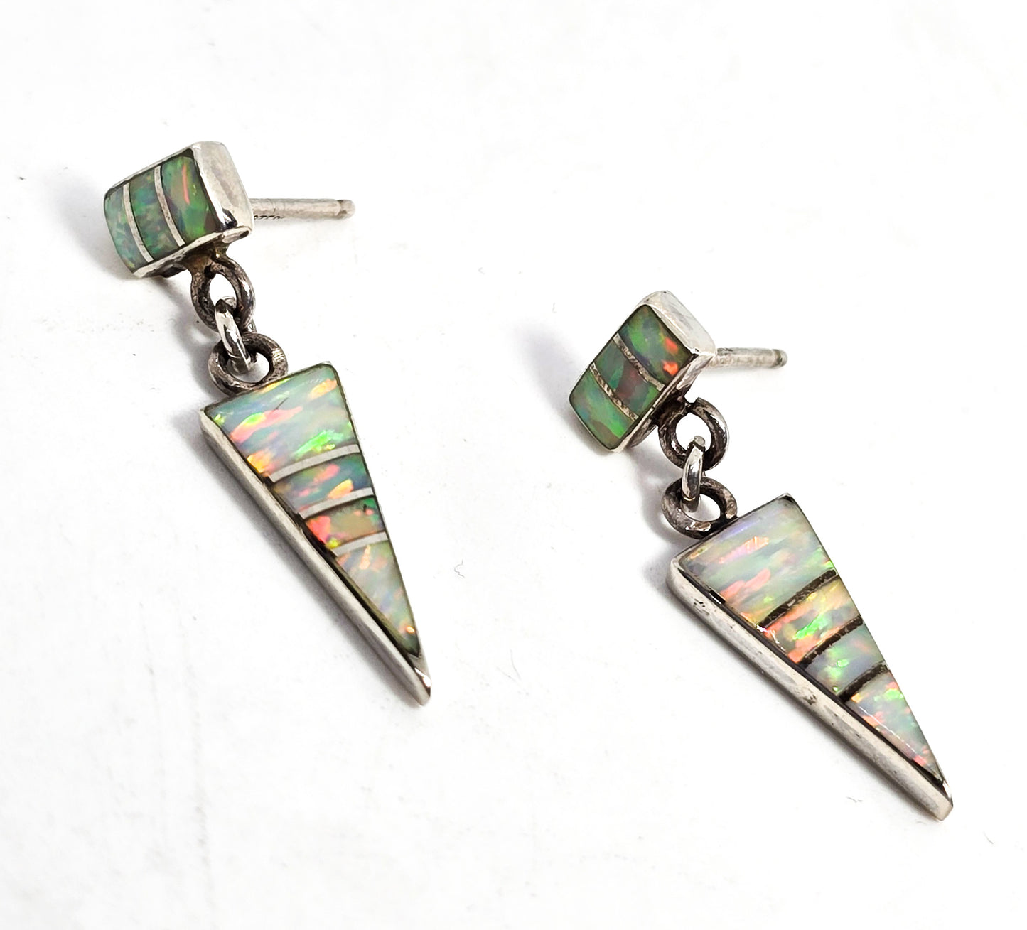 White Fire opal sterling silver inlay vintage Native American Zuni drop earrings