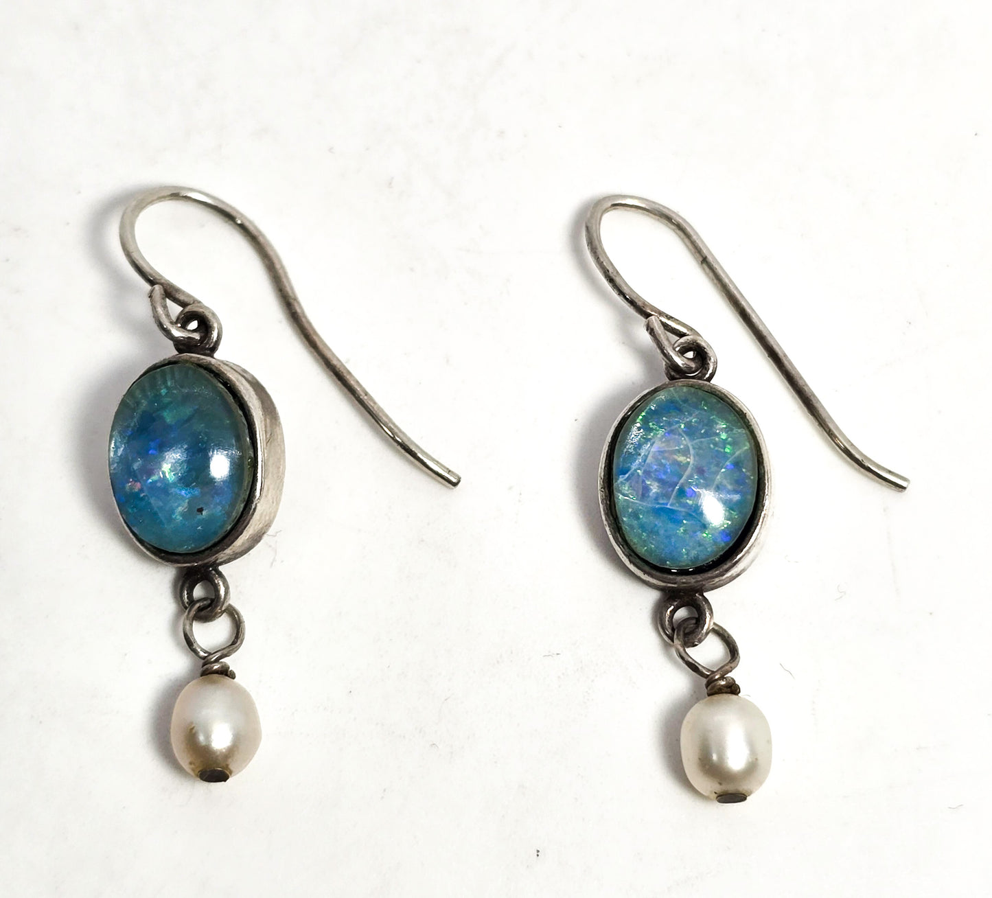 Shelli Wood SAW Blue opal triplet white pearl sterling silver drop earrings