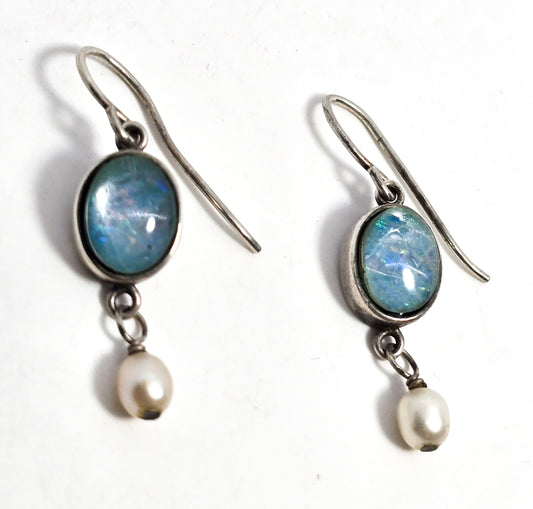 Shelli Wood SAW Blue opal triplet white pearl sterling silver drop earrings