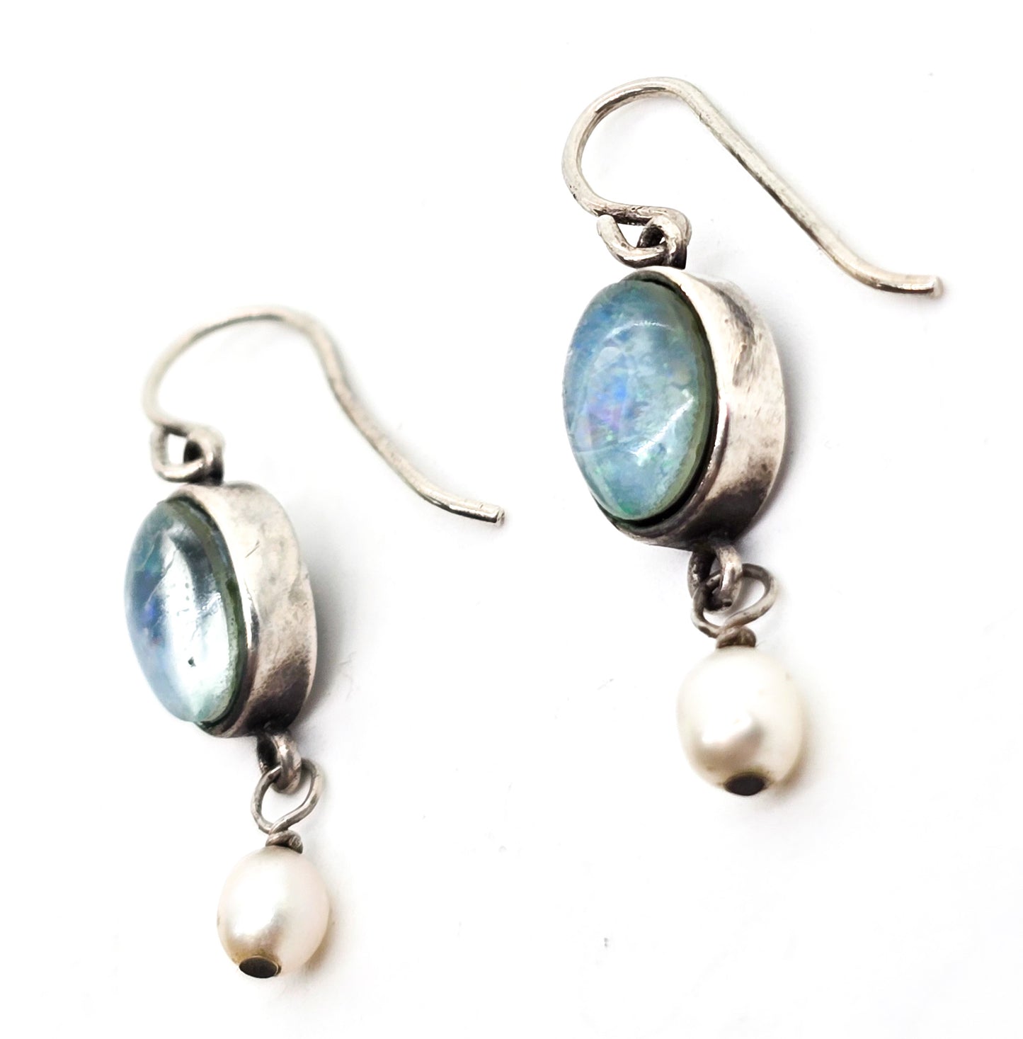 Shelli Wood SAW Blue opal triplet white pearl sterling silver drop earrings