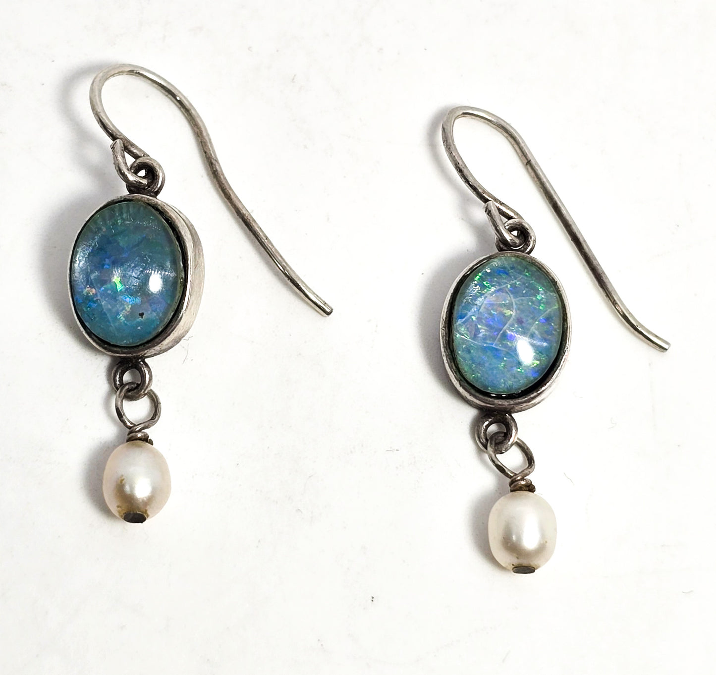 Shelli Wood SAW Blue opal triplet white pearl sterling silver drop earrings