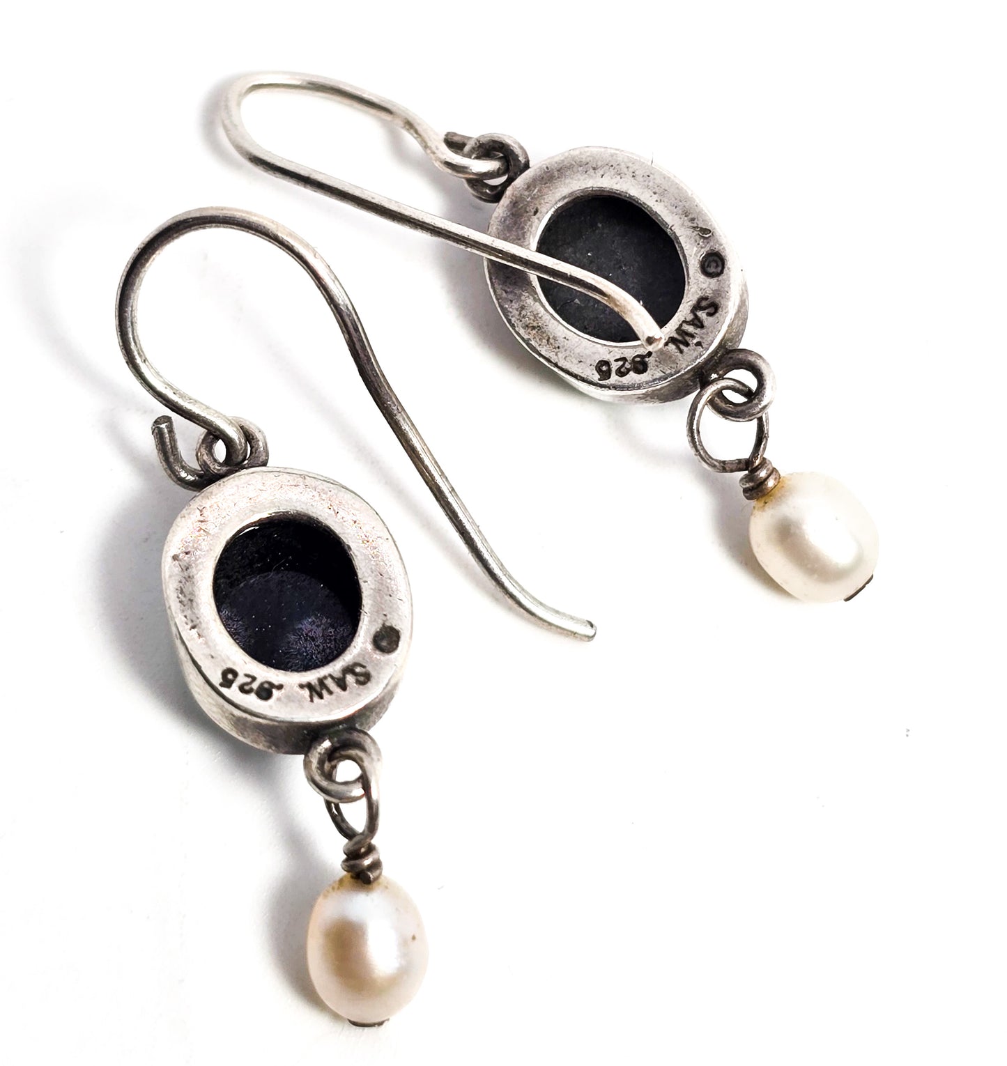 Shelli Wood SAW Blue opal triplet white pearl sterling silver drop earrings