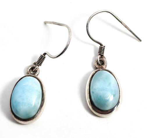 Larimar light blue gemstone oval sterling silver vintage drop earrings
