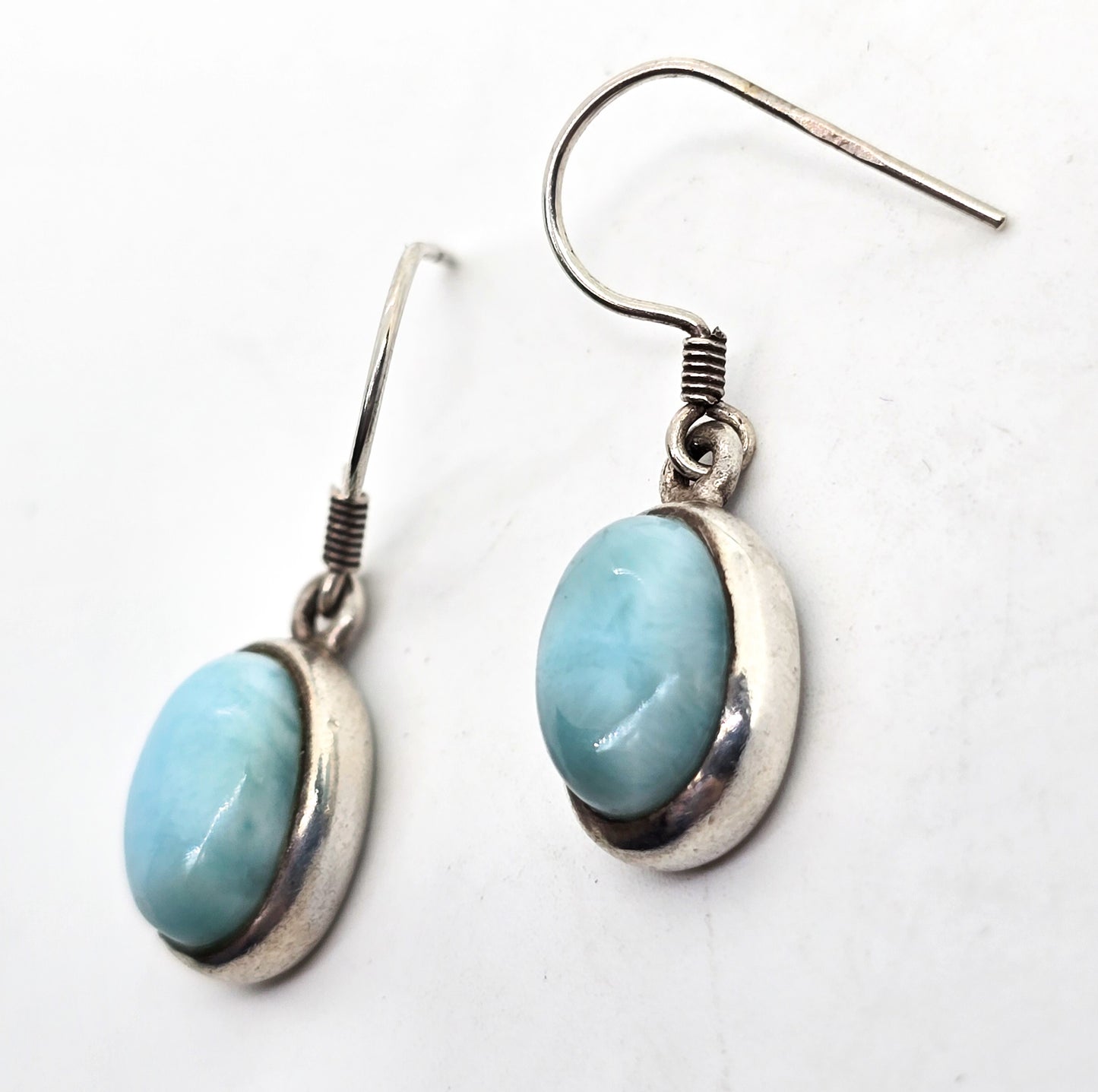 Larimar light blue gemstone oval sterling silver vintage drop earrings