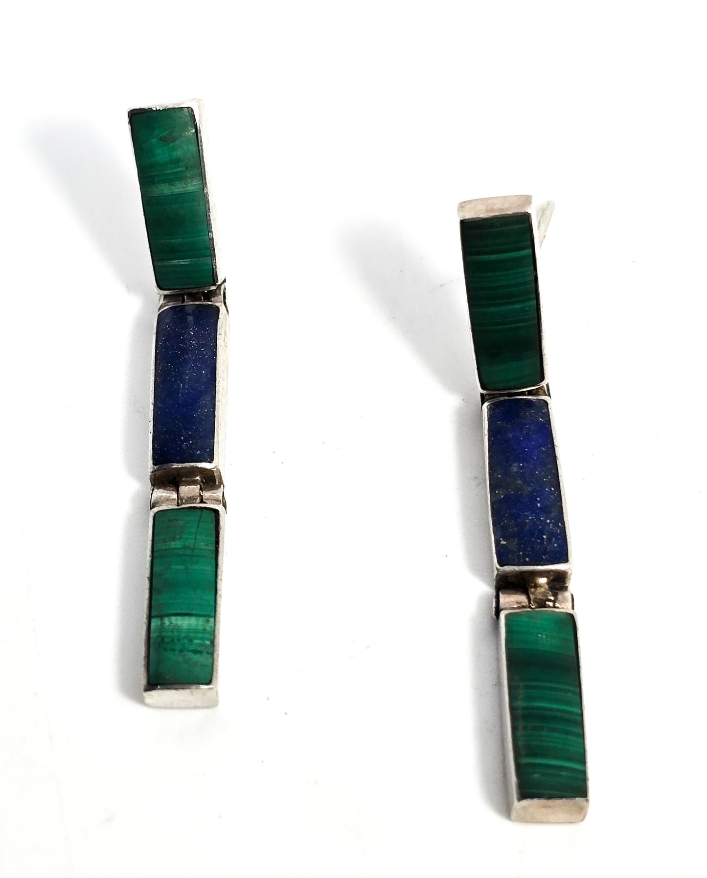 Lapis Lazuli Malachite vintage articulated long post sterling silver earrings