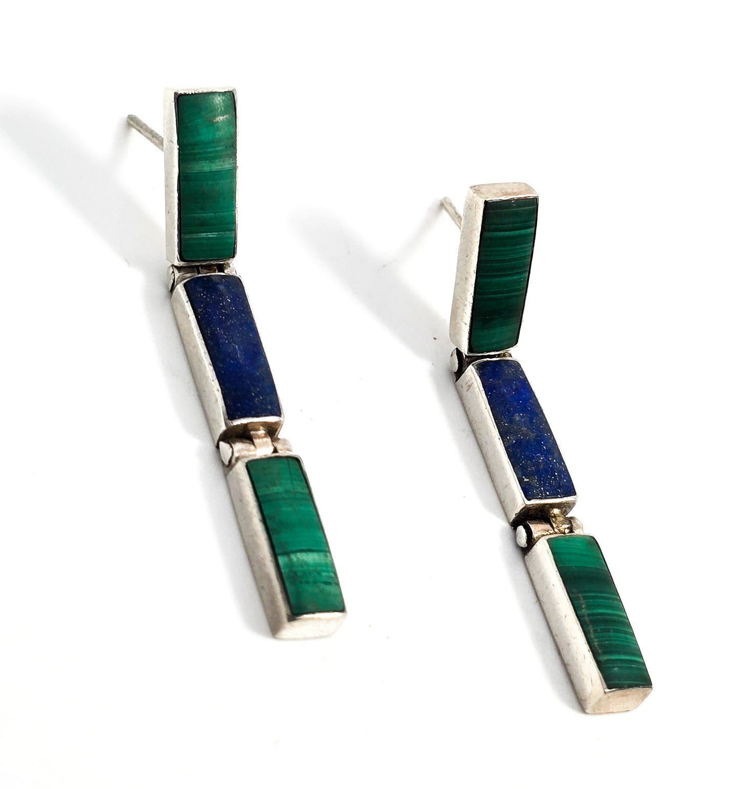 Lapis Lazuli Malachite vintage articulated long post sterling silver earrings