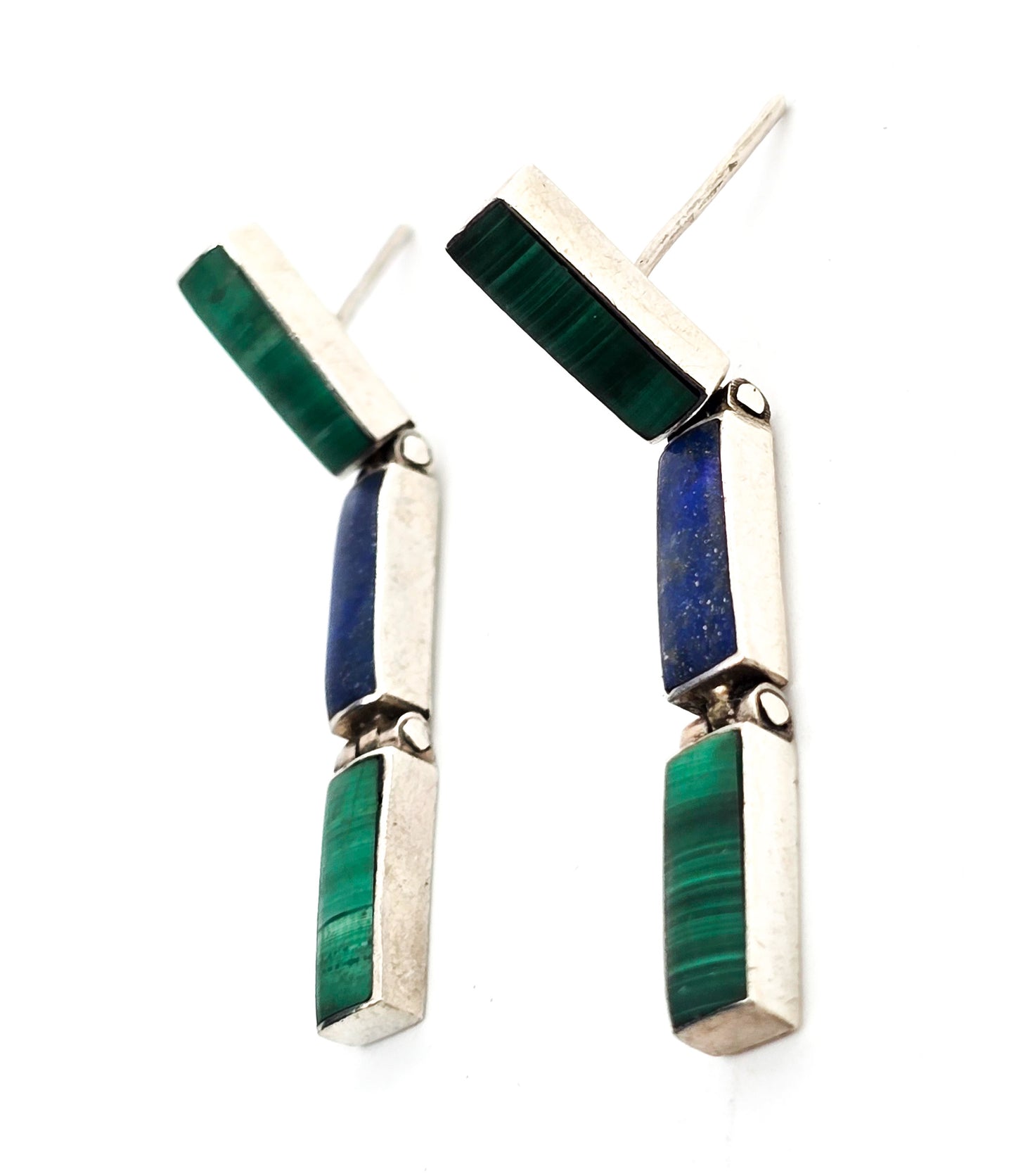 Lapis Lazuli Malachite vintage articulated long post sterling silver earrings