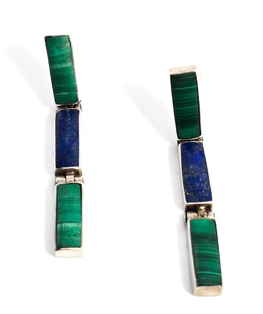 Lapis Lazuli Malachite vintage articulated long post sterling silver earrings
