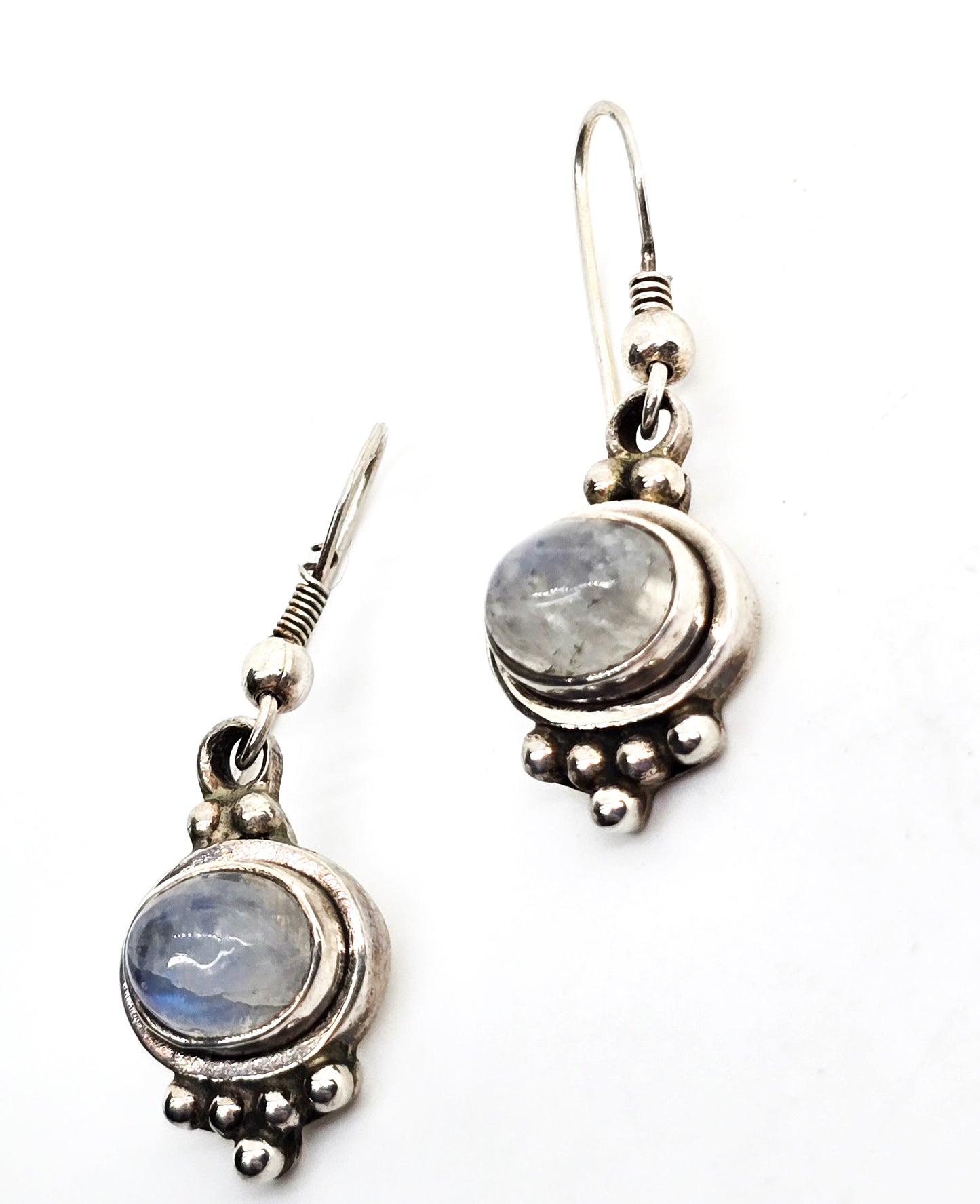 Blue moonstone gemstone tribal Balinese style sterling silver drop earrings