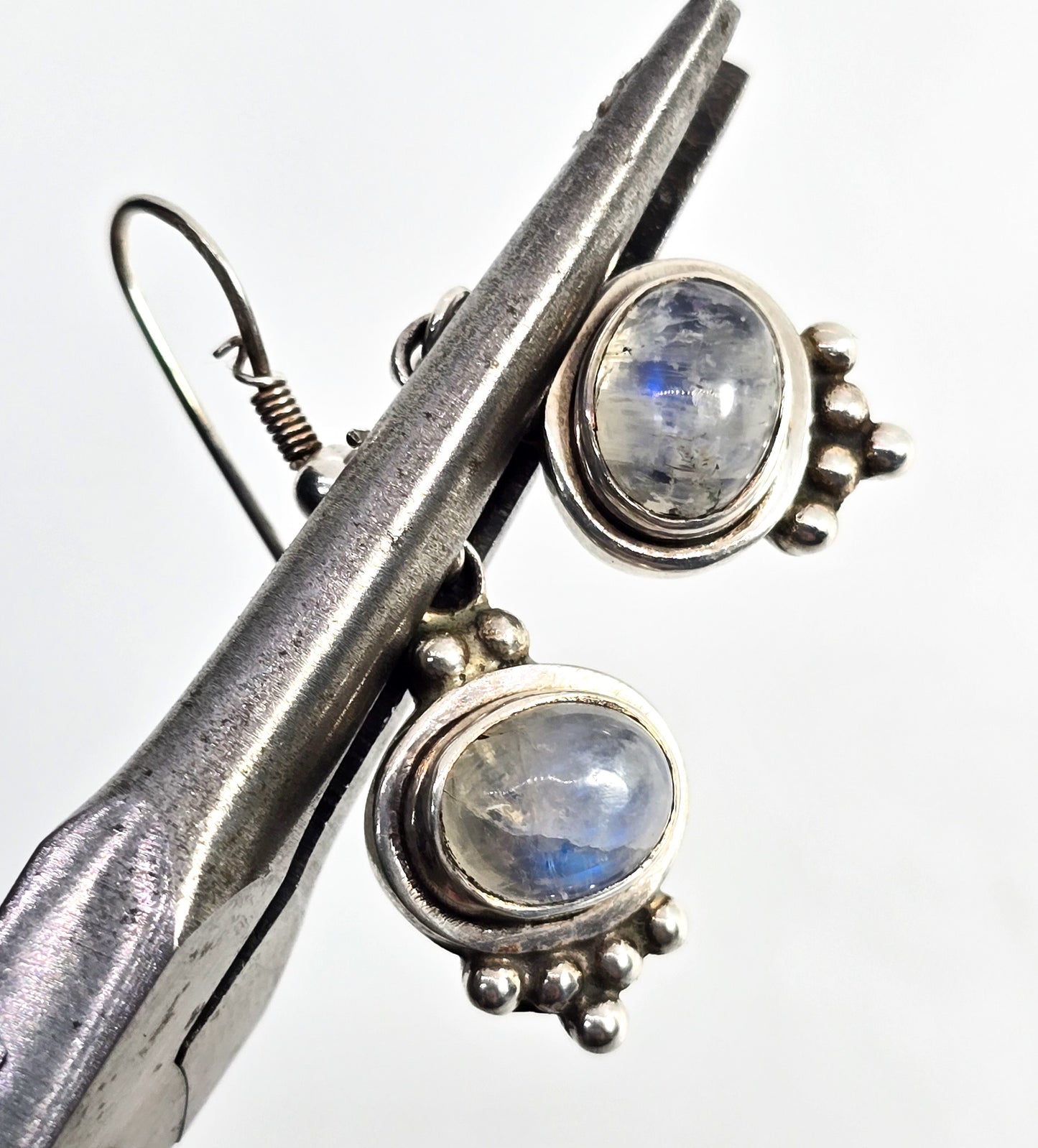 Blue moonstone gemstone tribal Balinese style sterling silver drop earrings