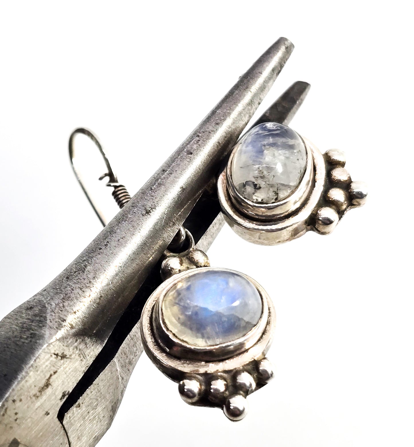 Blue moonstone gemstone tribal Balinese style sterling silver drop earrings