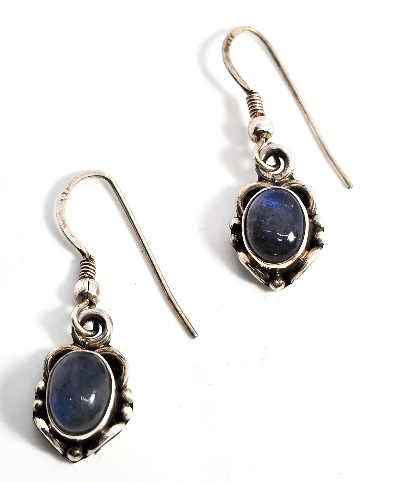 Labradorite gemstone drop Bali Balinese sterling silver vintage earrings