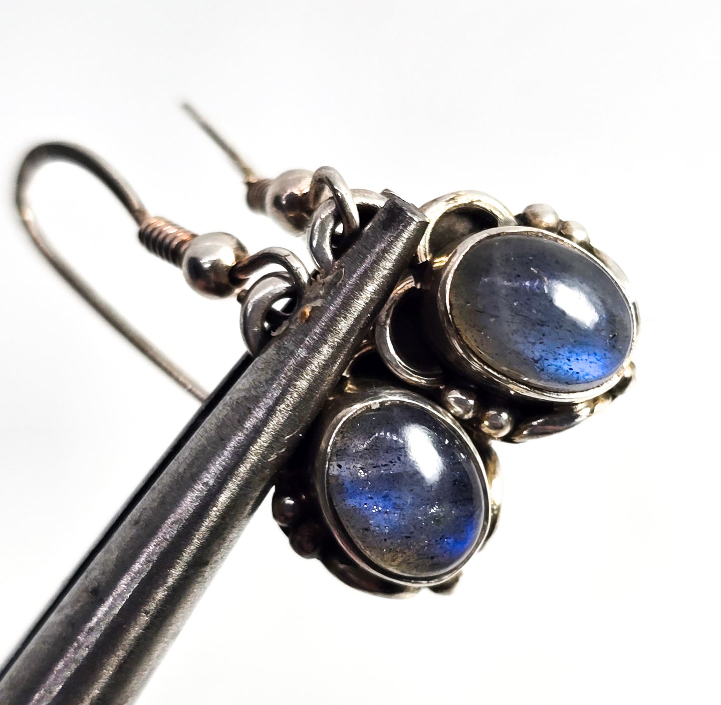 Labradorite gemstone drop Bali Balinese sterling silver vintage earrings