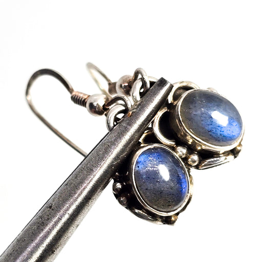 Labradorite gemstone drop Bali Balinese sterling silver vintage earrings