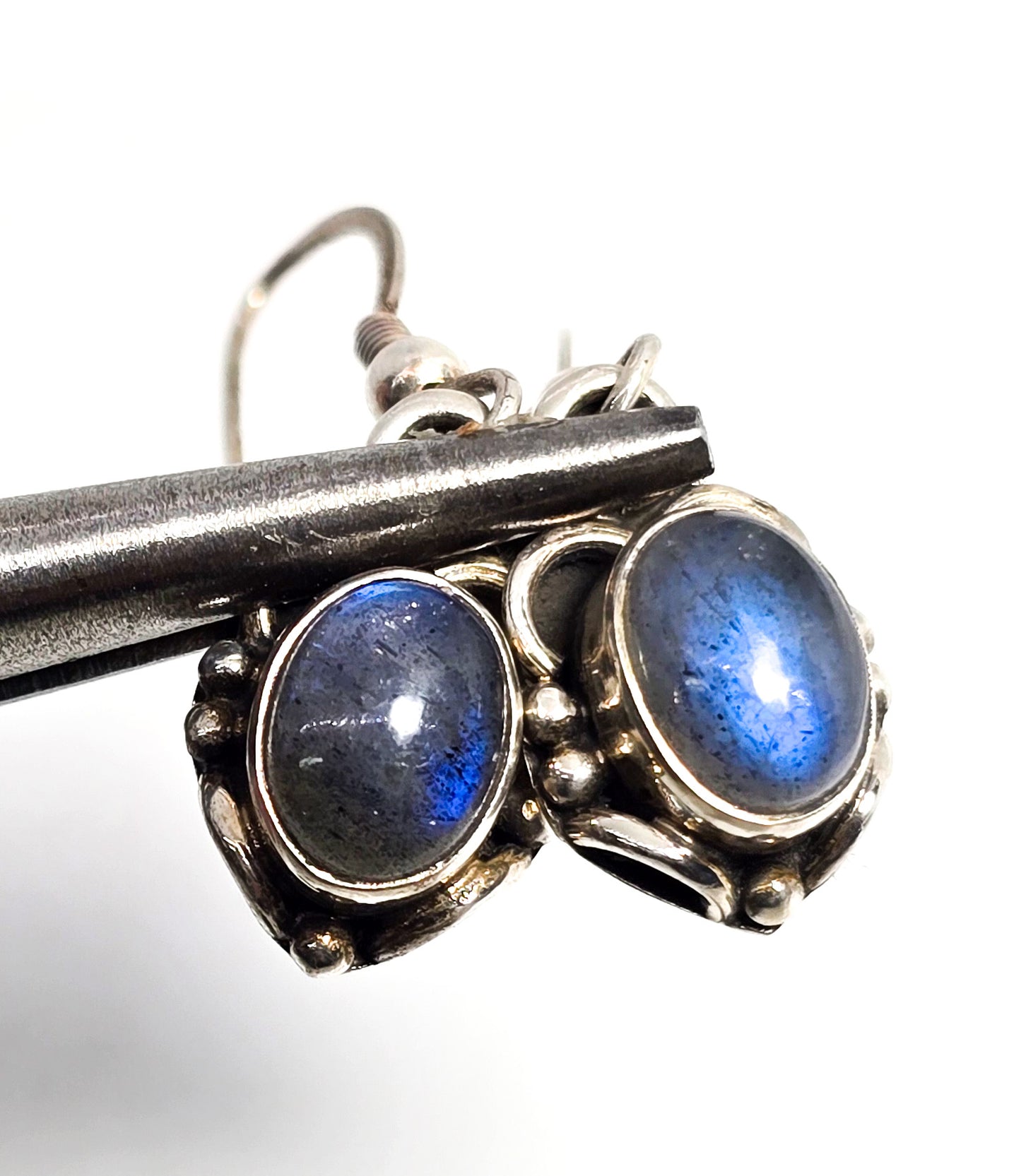 Labradorite gemstone drop Bali Balinese sterling silver vintage earrings