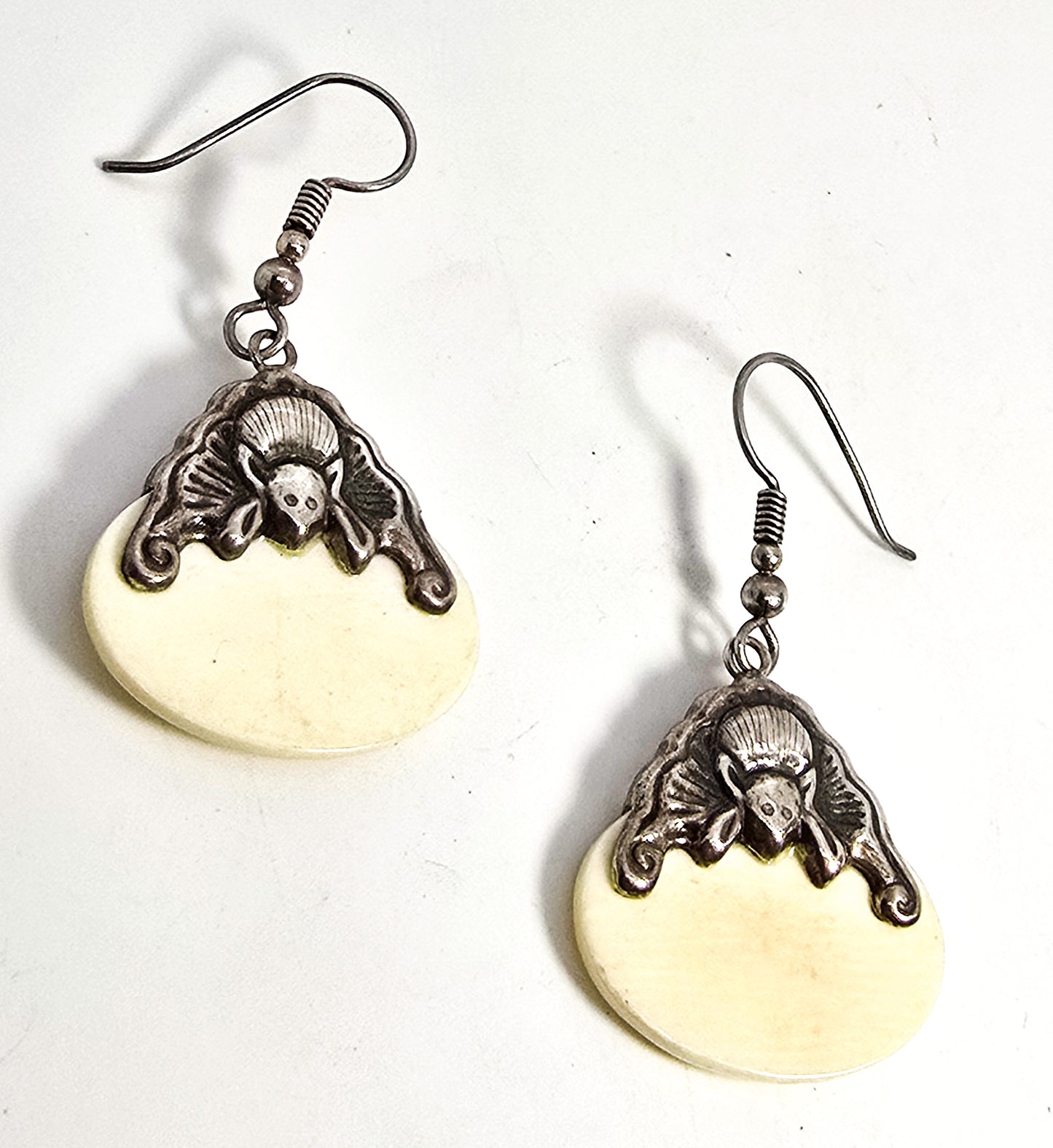 Chinese Export ornate Bat Mother of Pearl MOP sterling silver drop vintage earrings