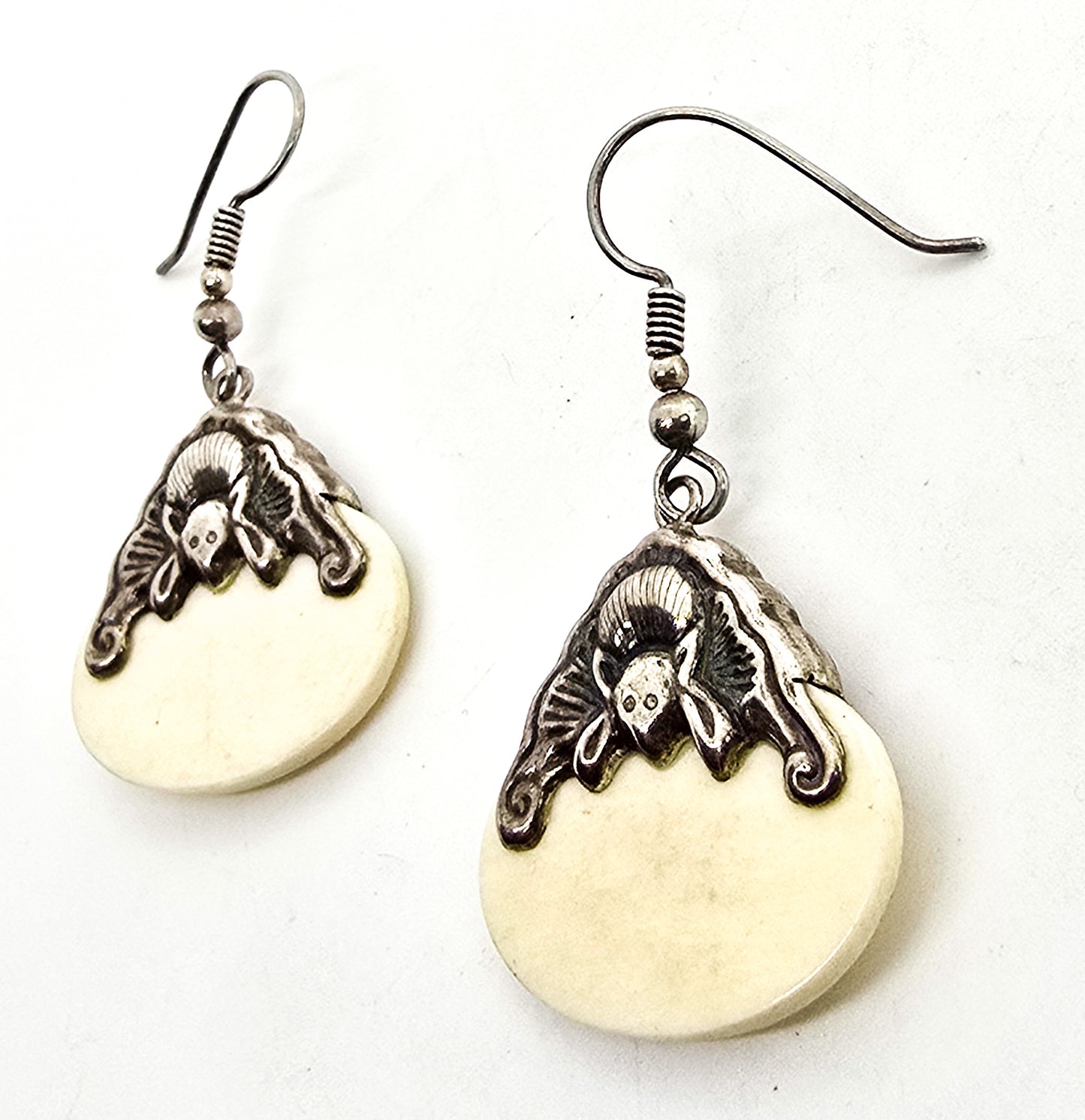 Chinese Export ornate Bat Mother of Pearl MOP sterling silver drop vintage earrings